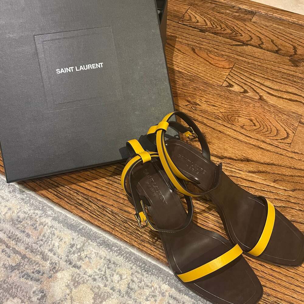 Saint Laurent Loulou 70 Cuio Safran Yellow and Brown Leather Block Heel Sandals - Picture 2 of 7